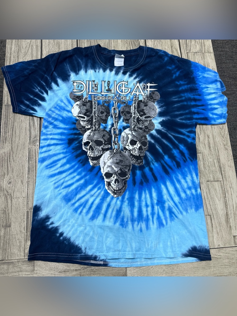 VTG Y2K Dilligaf Bohica Bill Skulls Tie Dye Tee Large Grunge Emo Goth AOP